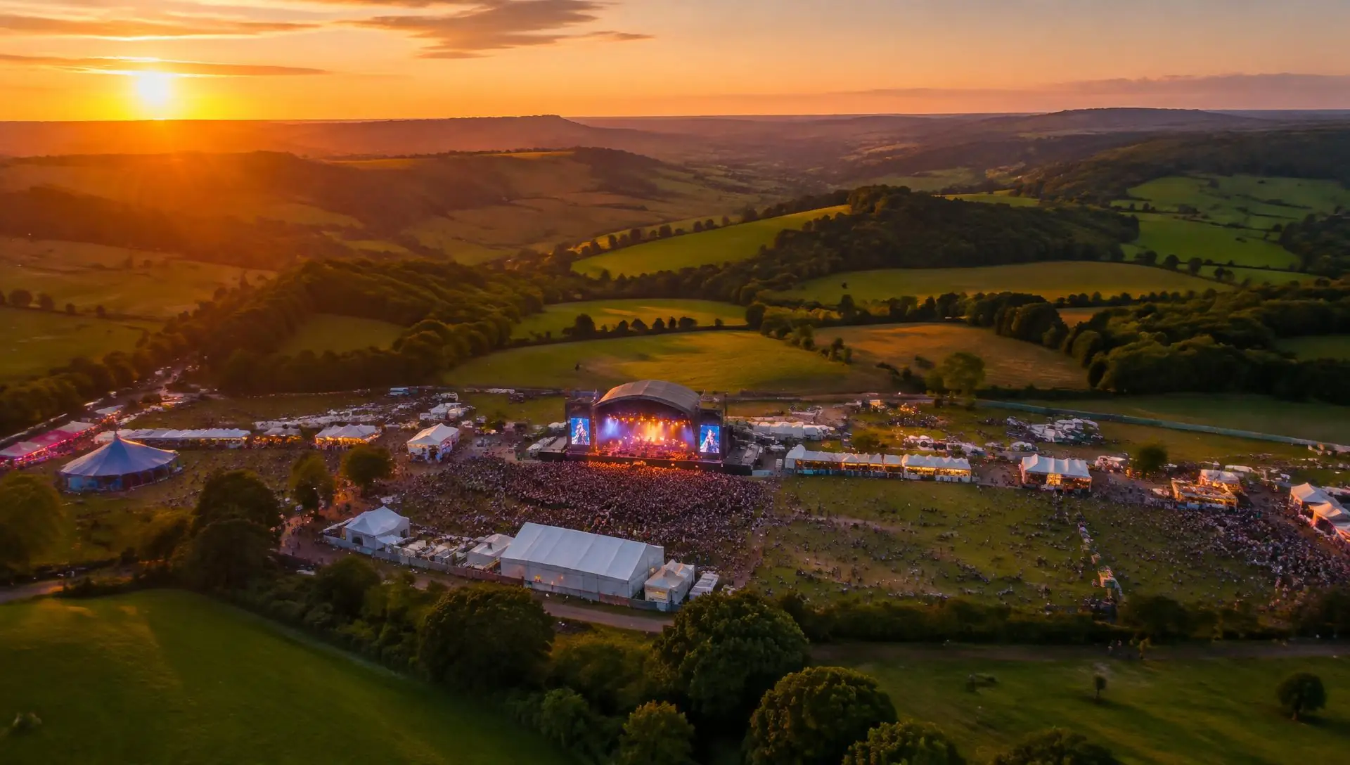 Aerial drone shot of an outdoor music festival at sunset
